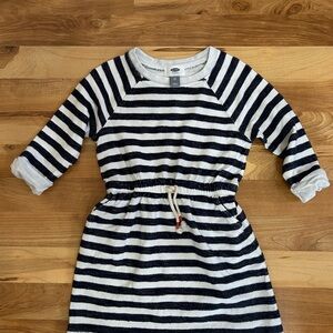 Old Navy Blue and White Striped Knit Dress with Drawstring S/P 6-7